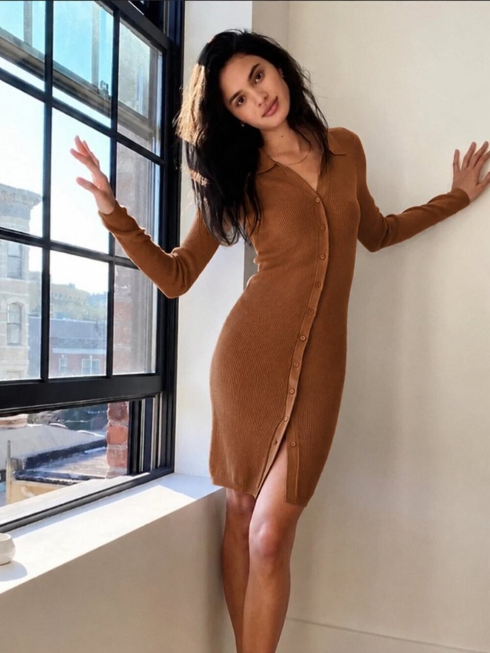Aritzia Wilfred Cove Long Sleeve Knit Ribbed Dress Brown Size Medium